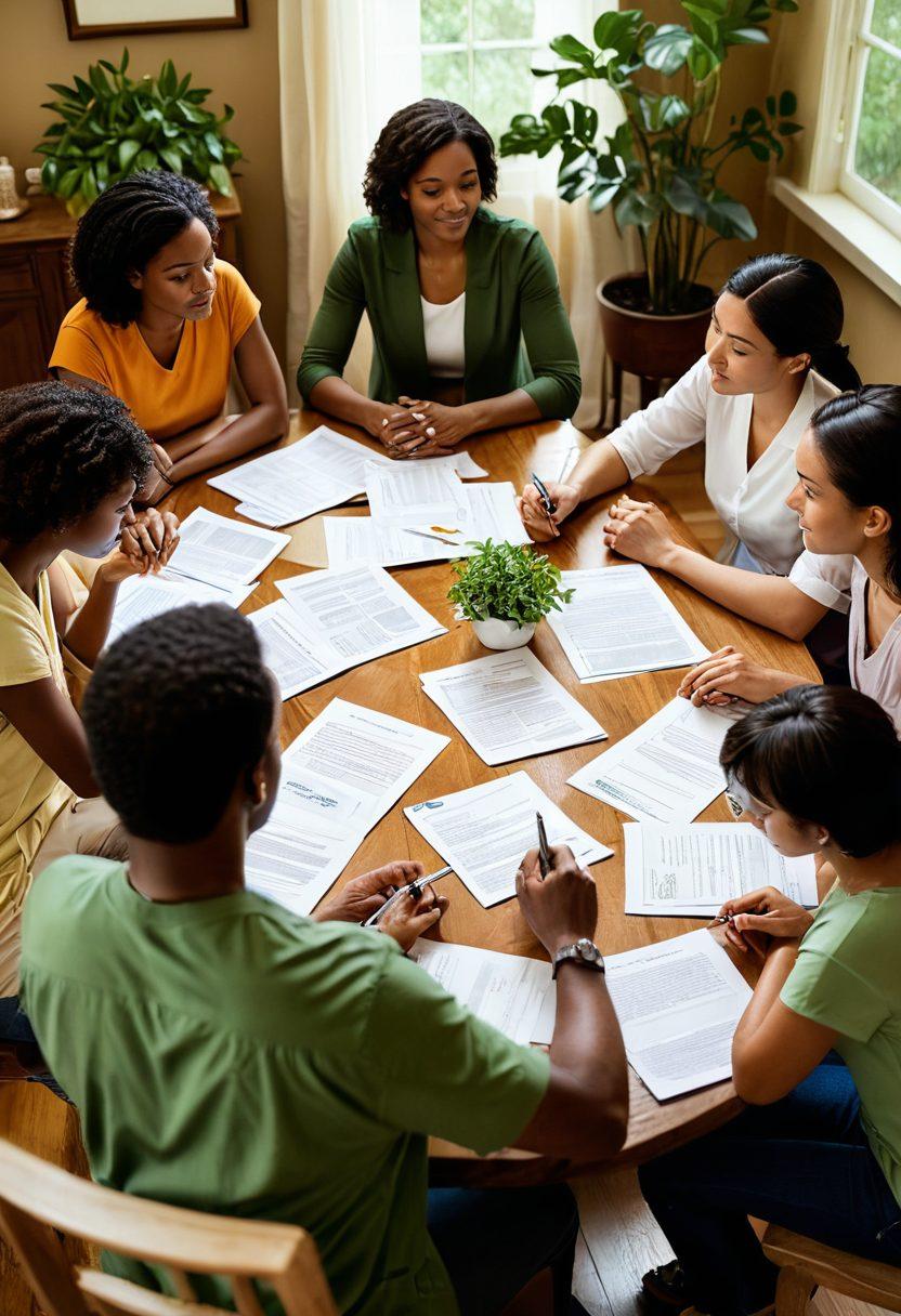A diverse family gathered around a dining table, engaged in open discussions about family planning options, surrounded by healthcare pamphlets and medical tools. A warm, inviting atmosphere, with soft lighting and plants in the background to symbolize growth and choice. Include elements of cultural diversity represented through various family members. super-realistic. warm colors. cozy setting.