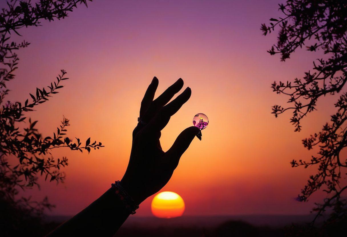 A powerful visual representation of bodily autonomy symbolized by an open hand held high against a vibrant sunset, showcasing diverse silhouettes of men and women celebrating equality and justice. Elements of nature like flowers and vines weave around the hand, symbolizing growth and freedom. Incorporate symbols of gender equality, like the Venus and Mars symbols, subtly integrated into the design. The overall mood should be empowering and uplifting. vibrant colors. super-realistic.