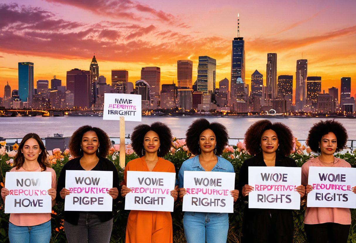 A powerful scene depicting a diverse group of women standing together, holding signs advocating for reproductive rights and bodily autonomy, with the backdrop of a vibrant city skyline. The women of various ethnicities and ages express determination and unity. Bright flowers and abstract symbols of freedom surround them, symbolizing hope and empowerment. The sun sets in the background, casting warm tones of orange and pink. colorful and dynamic. super-realistic.
